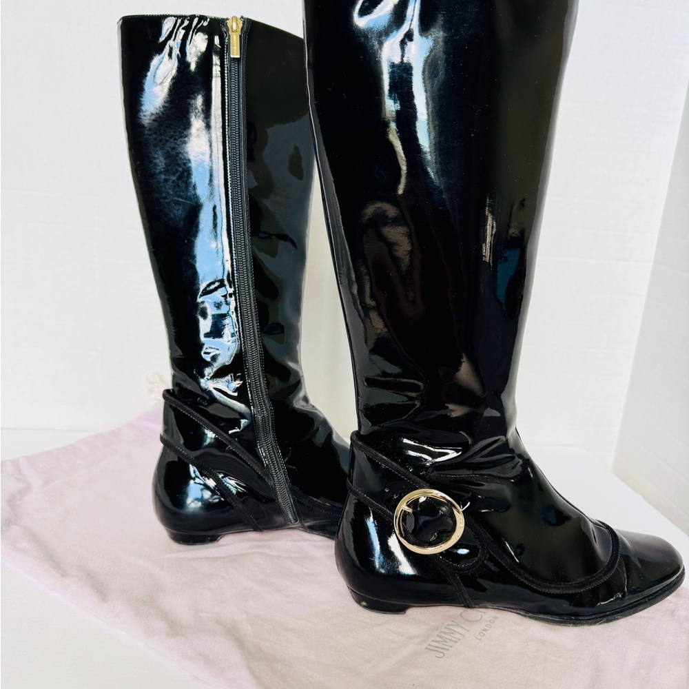 Jimmy Choo Black Patent Leather Knee-High flat sole Boots